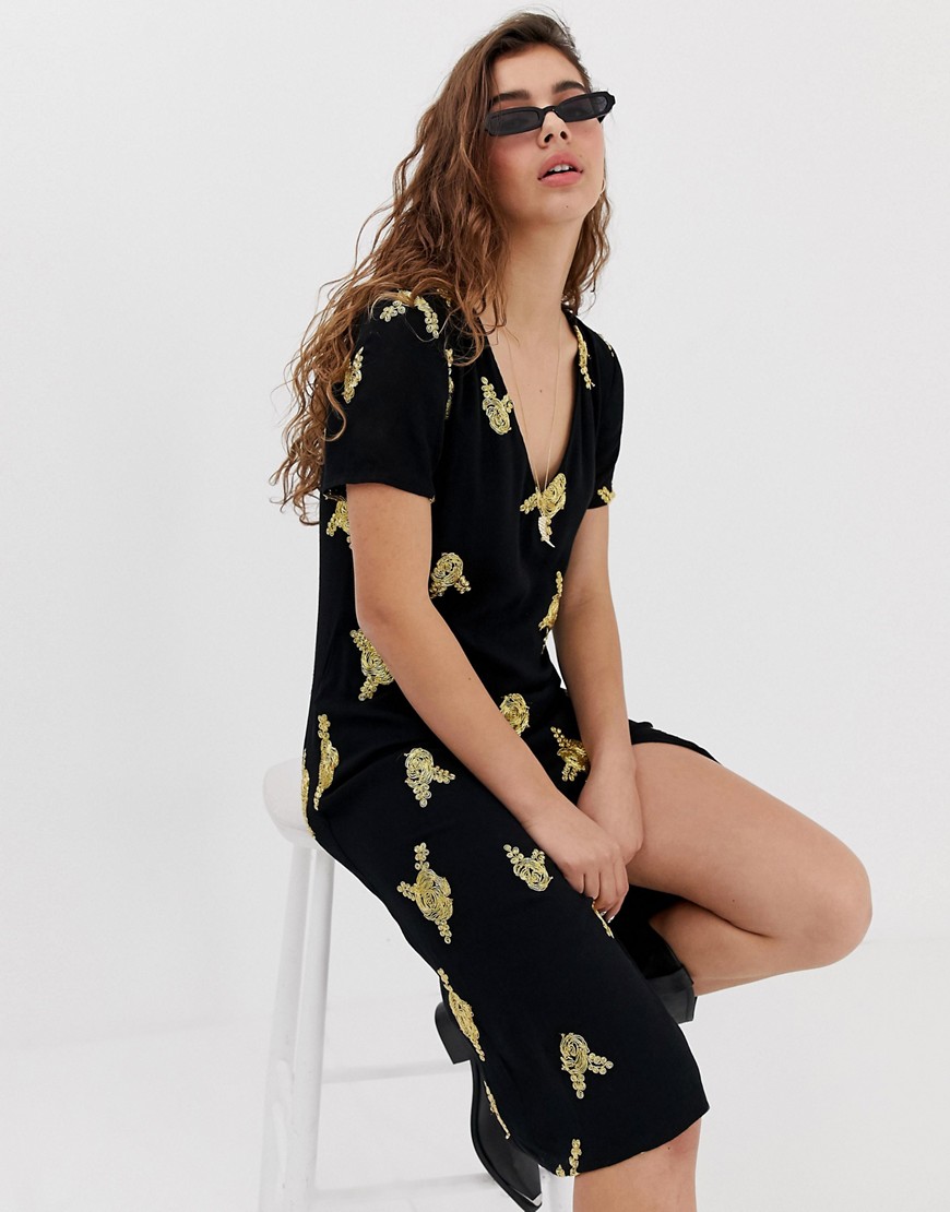 Wild Honey midi dress with split with all over embroidery