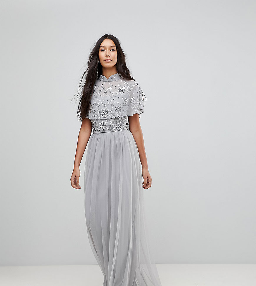 Frock And Frill Tall Premium Embellished Top High Neck Maxi Dress - Grey/silver
