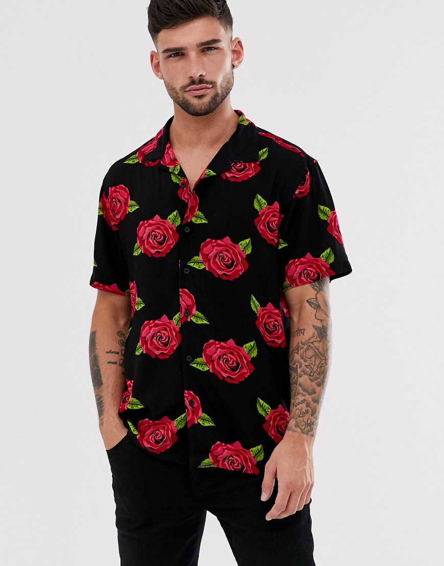 Brave Soul roses shirt with revere collar
