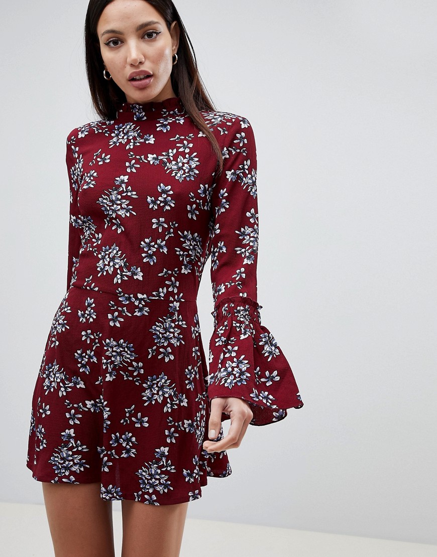 AX Paris High Neck Floral Dress With Ruched Sleeve Detail