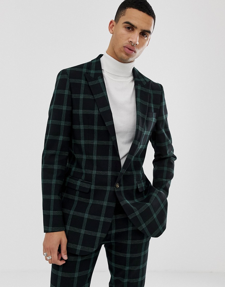 ASOS DESIGN slim suit jacket in black and green windowpane check