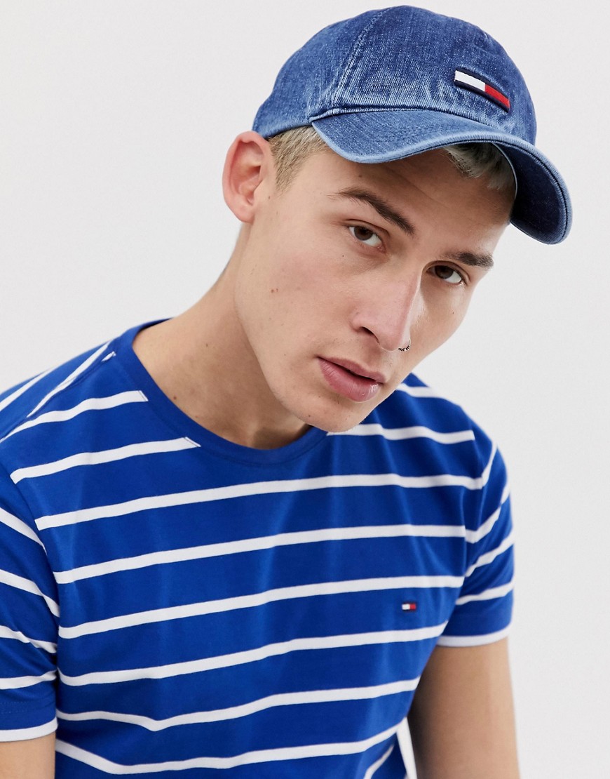 Tommy Jeans denim baseball cap with flag logo in mid wash