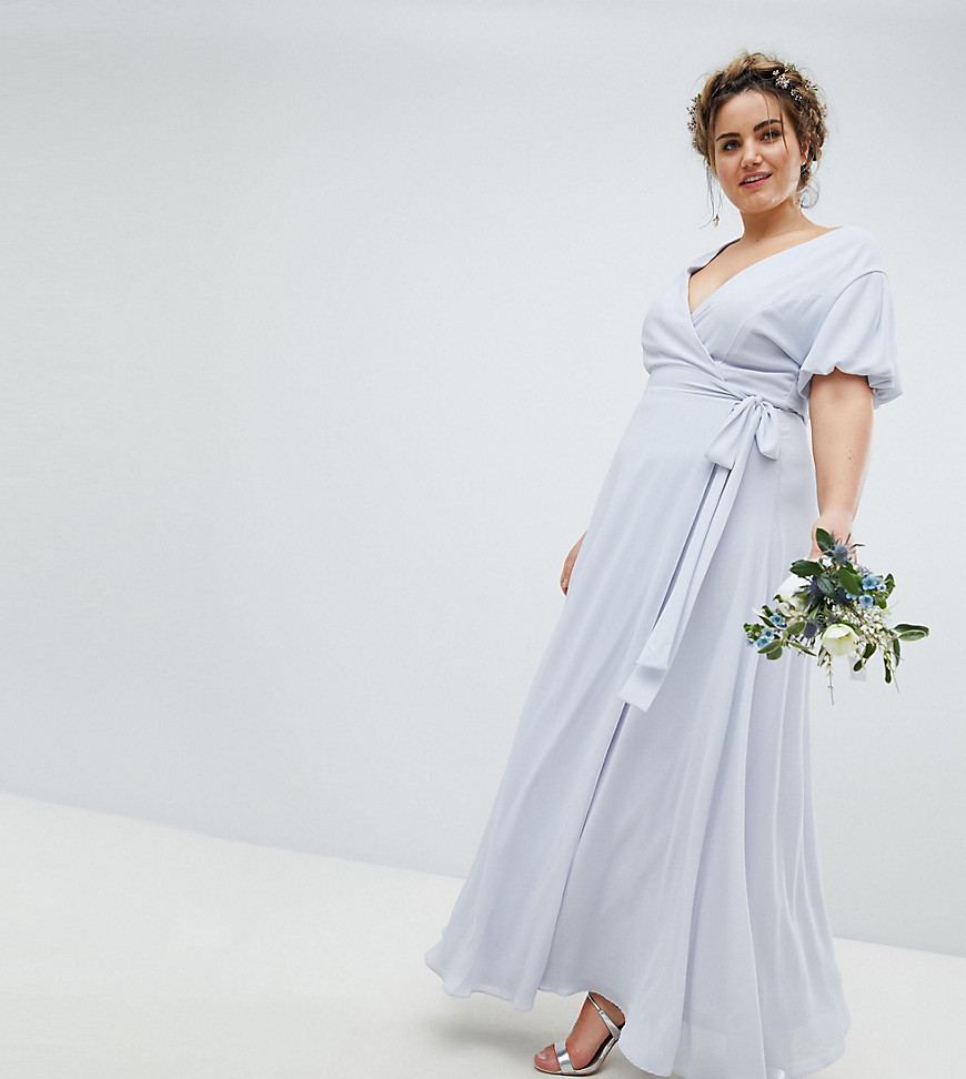TFNC Plus Wrap Maxi Bridesmaid Dress With Tie Detail And Puff Sleeves
