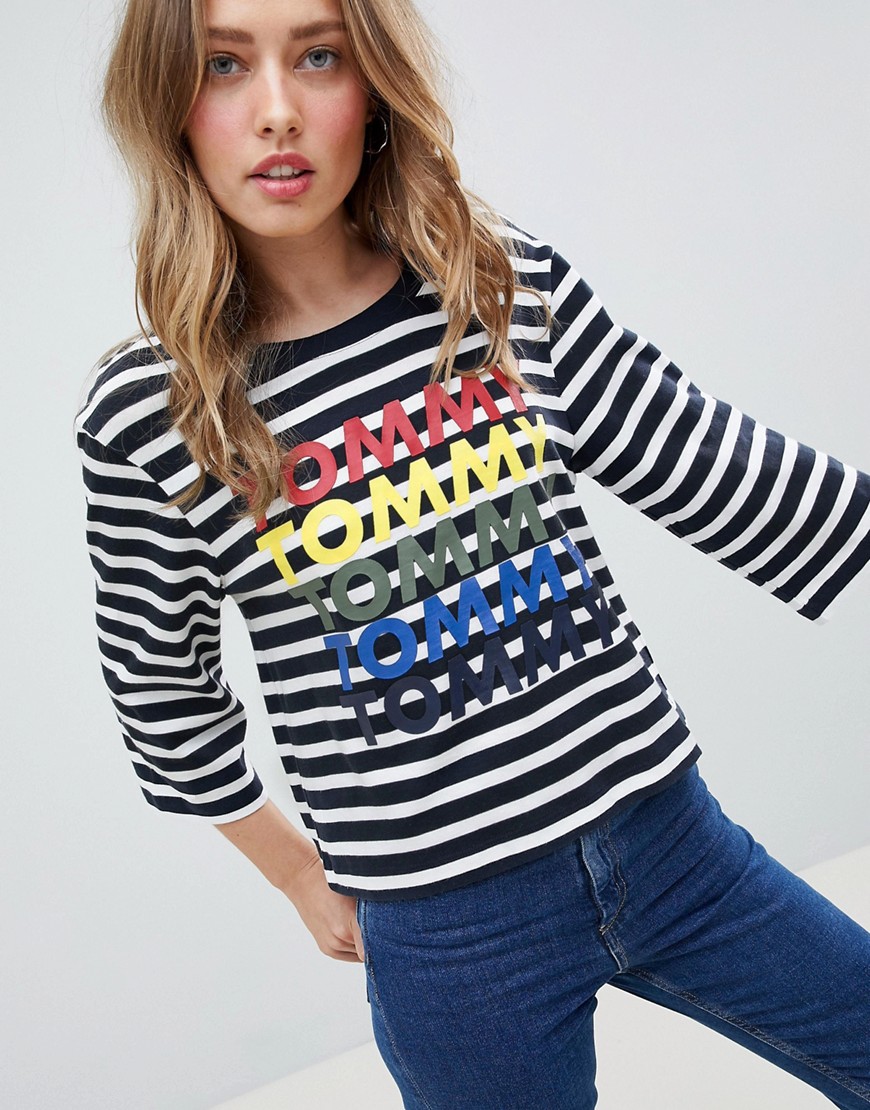 Tommy Hilfiger Stripe T-Shirt With Rainbow Logo - Midnight /=white