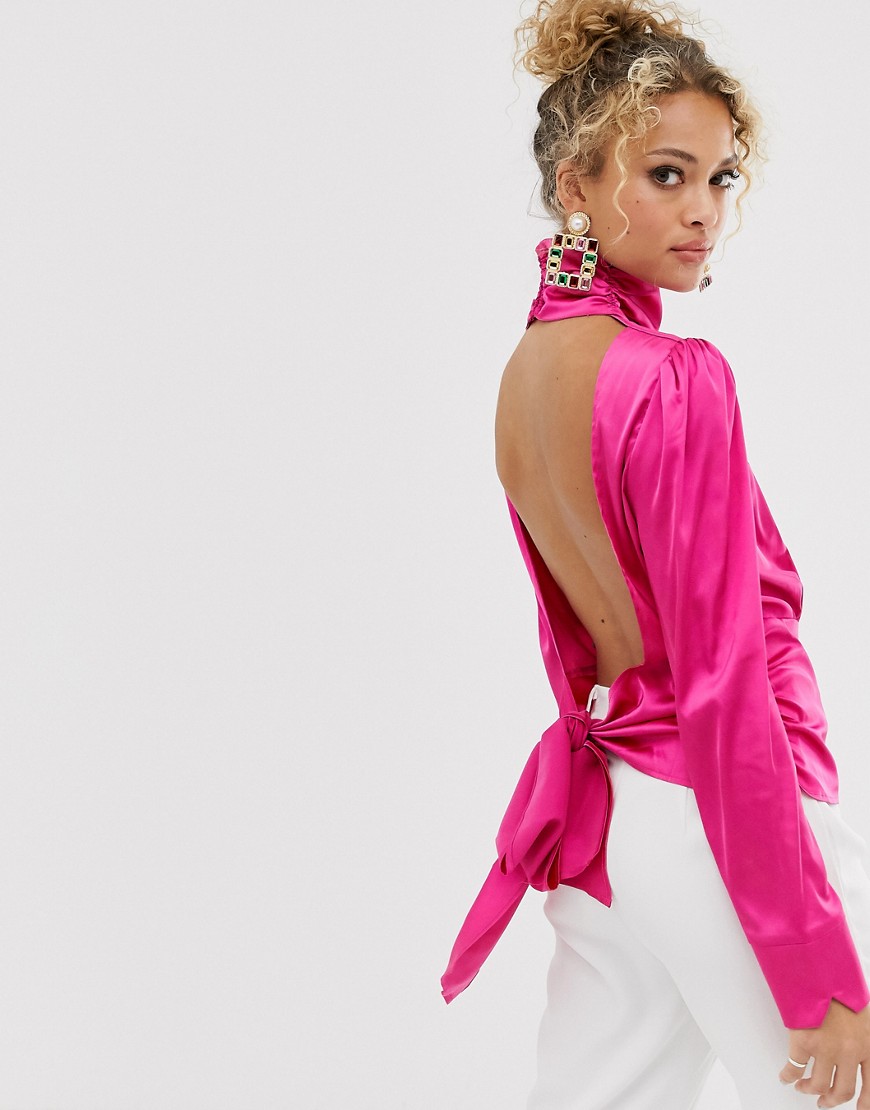 Never Fully Dressed button high neck open back top in pink