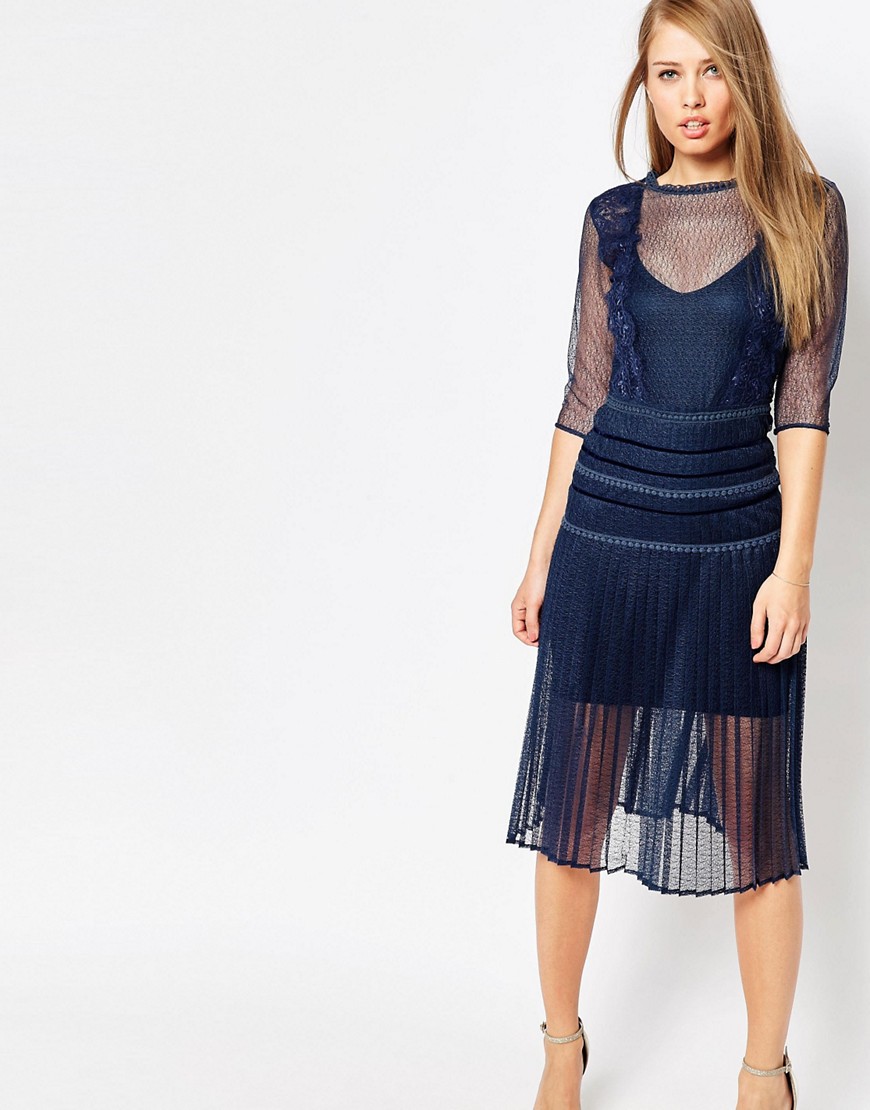 Body Frock Louisa Sculpting Dress with Pleat Skirt and Lace - Navy
