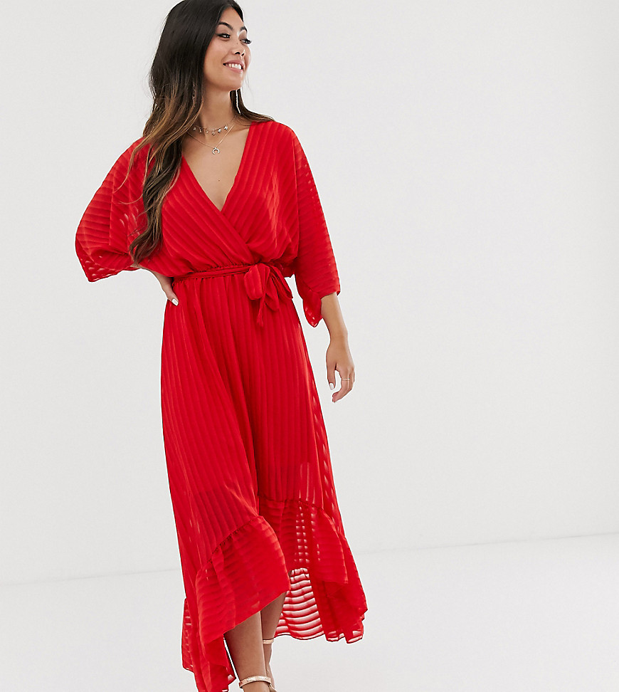 Boohoo Petite exclusive midi dress with ruffle hem and belted waist in red
