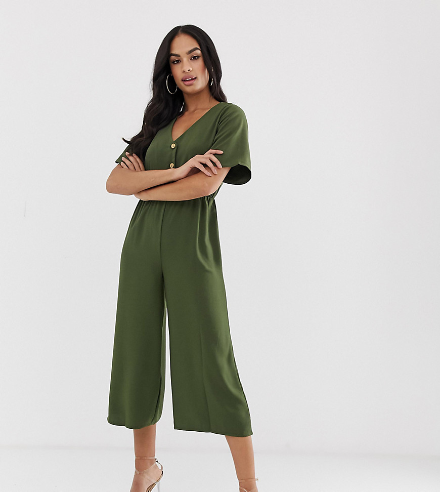 Boohoo exclusive button down culotte jumpsuit in khaki