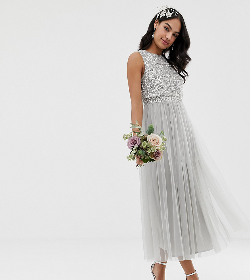 Maya Bridesmaid sleeveless midaxi tulle dress with tonal delicate sequin overlay in silver