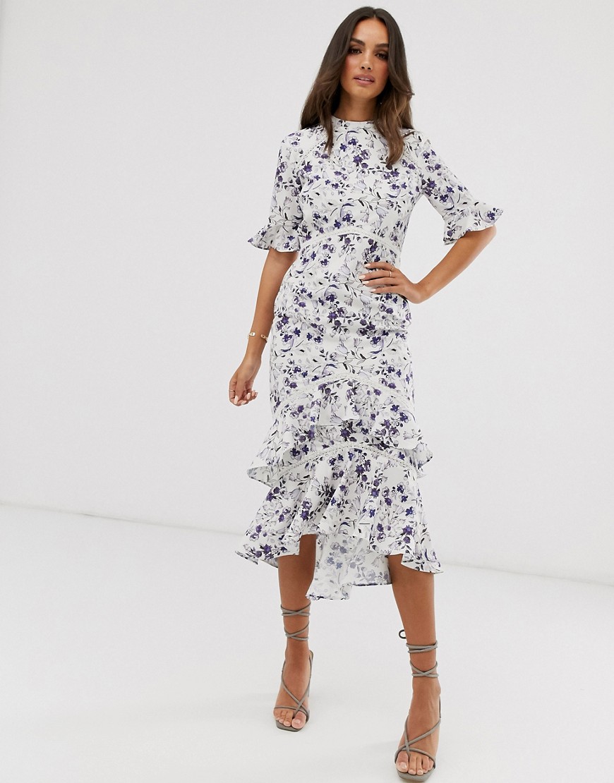 Hope and Ivy midaxi dress in pretty floral in grey and navy