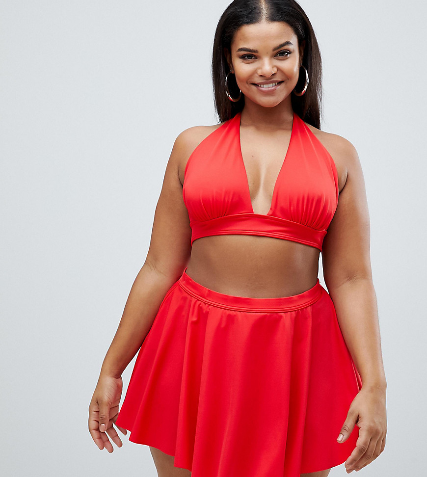 ASOS DESIGN Curve recycled supportive skirted high waist bikini bottom in red