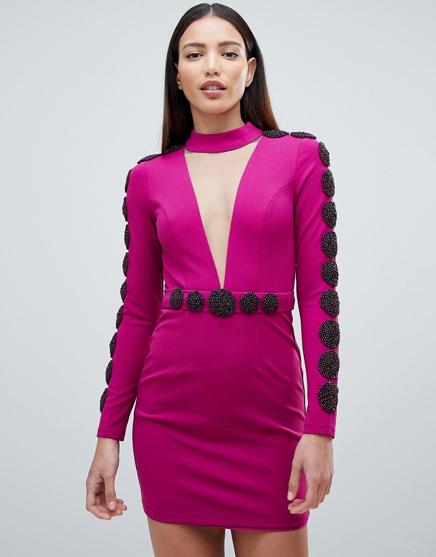 FOREVER UNIQUE EMBELLISHED MINI DRESS WITH PLUNGE-PURPLE,PF1158