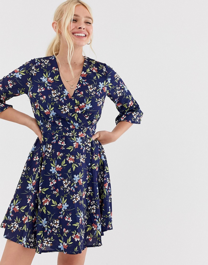 QED London floral mini wrap dress with frill sleeve detail