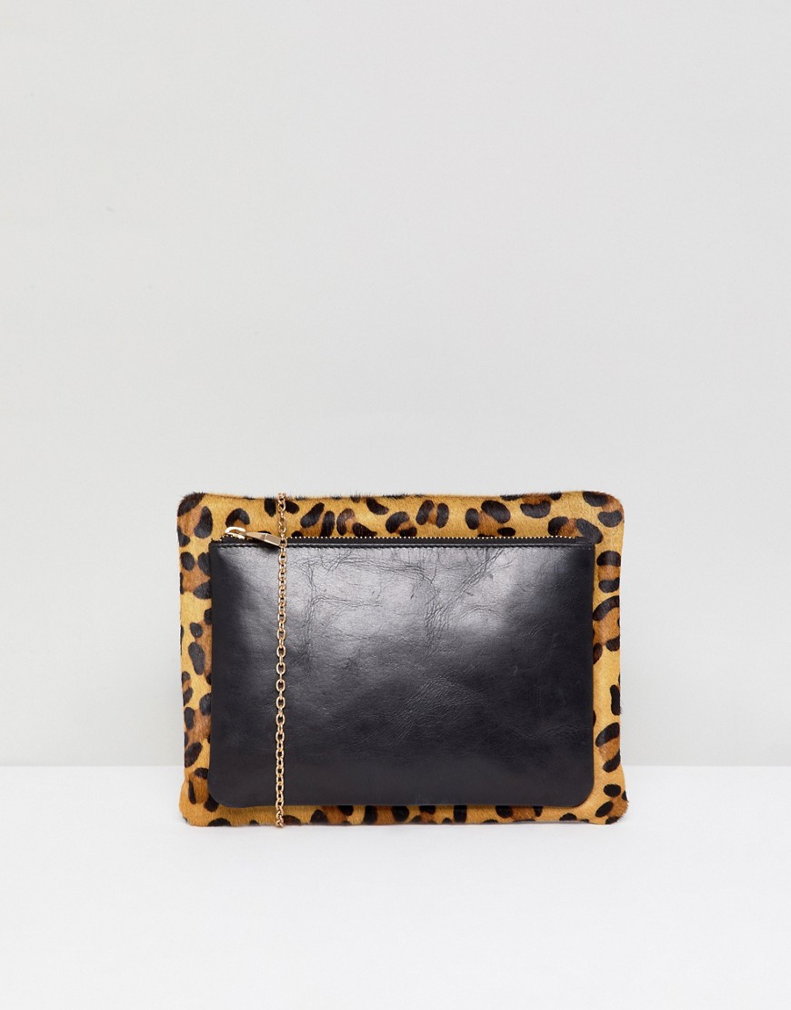 Urbancode leather and leopard print 2 in 1 cross body bag with detachable pouch - Black/ leopard