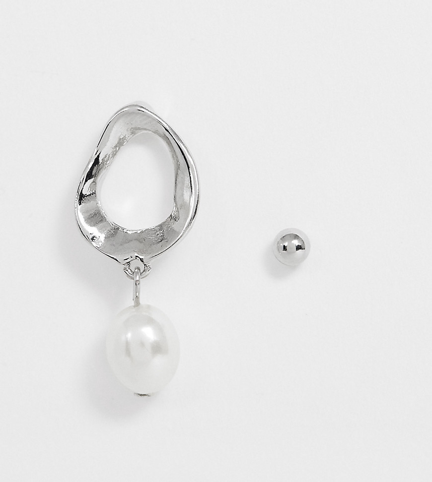 Asos Design Molten Metal Hoop Earring With Faux Pearl In Silver Tone