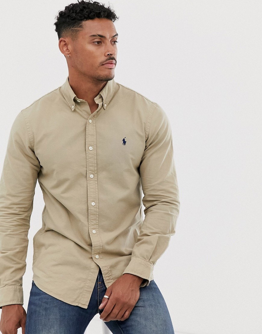 Polo Ralph Lauren slim fit shirt in tan garment dye with player logo