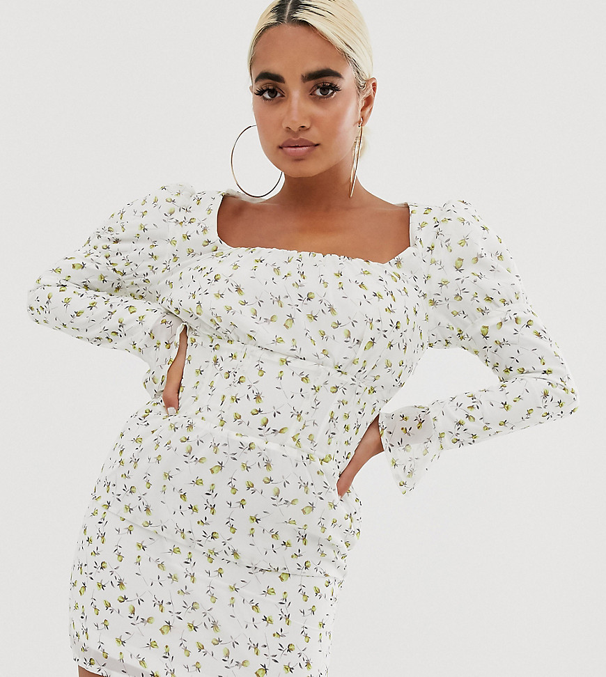 PrettyLittleThing Petite bodycon dress with square neck in white ditsy floral