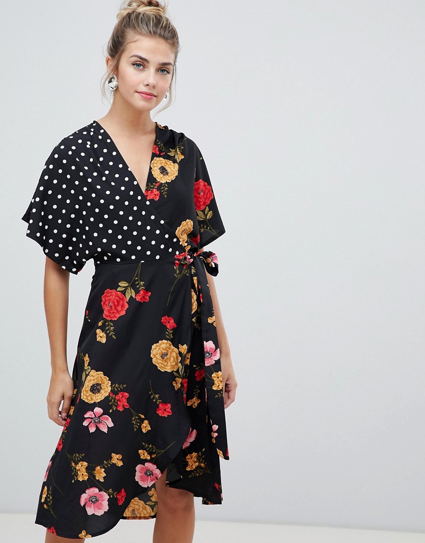 Influence kimono sleeve wrap dress in mix and match print