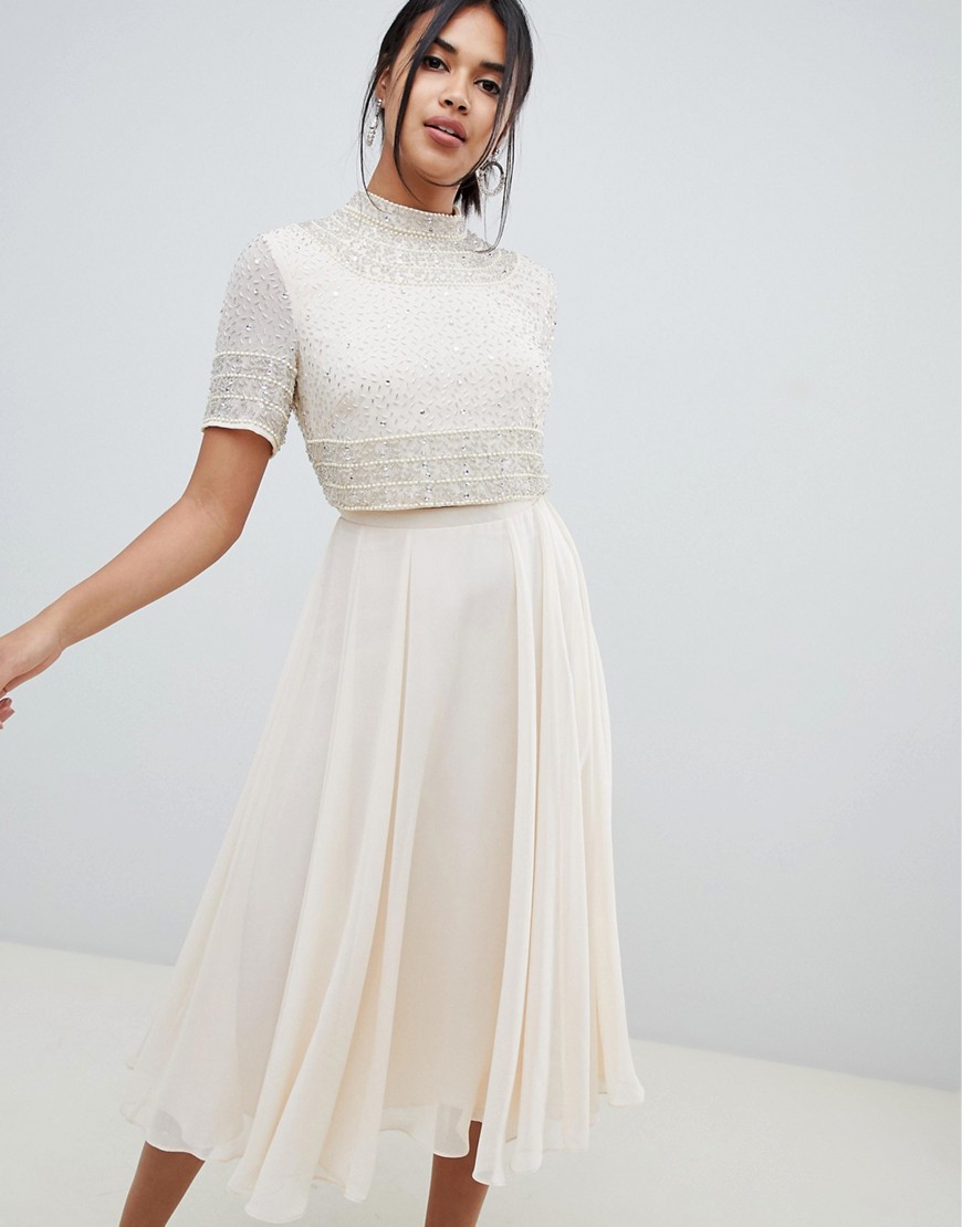 Asos Design Midi Dress With High Neck Crop Top In Delicate Embellishment-cream