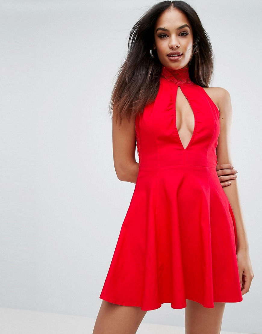 Rare Plunge Cut Out High Neck Skater Dress - Red