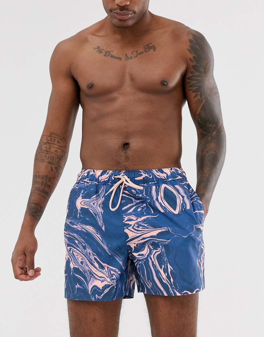 ASOS DESIGN swim shorts with marble print in short length