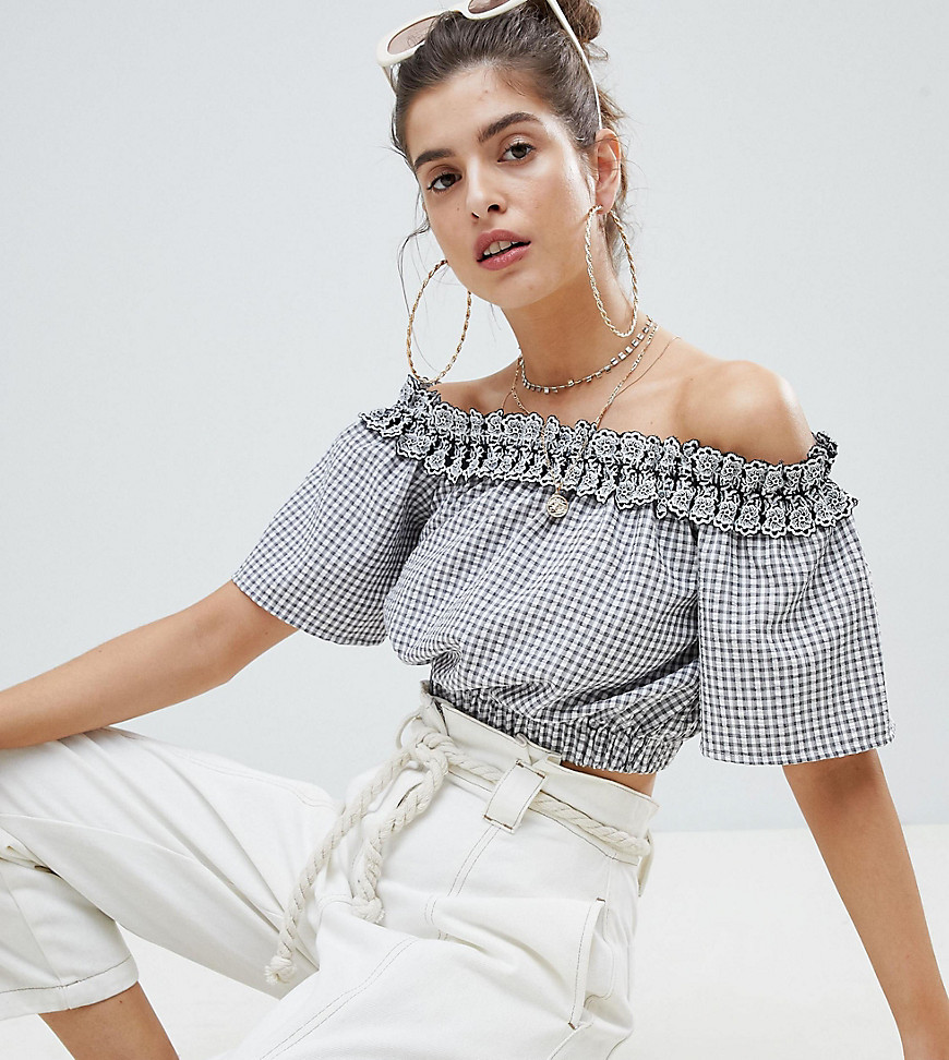 Reclaimed Vintage Inspired Off The Shoulder Gingham Crop Top With Broderie Trim