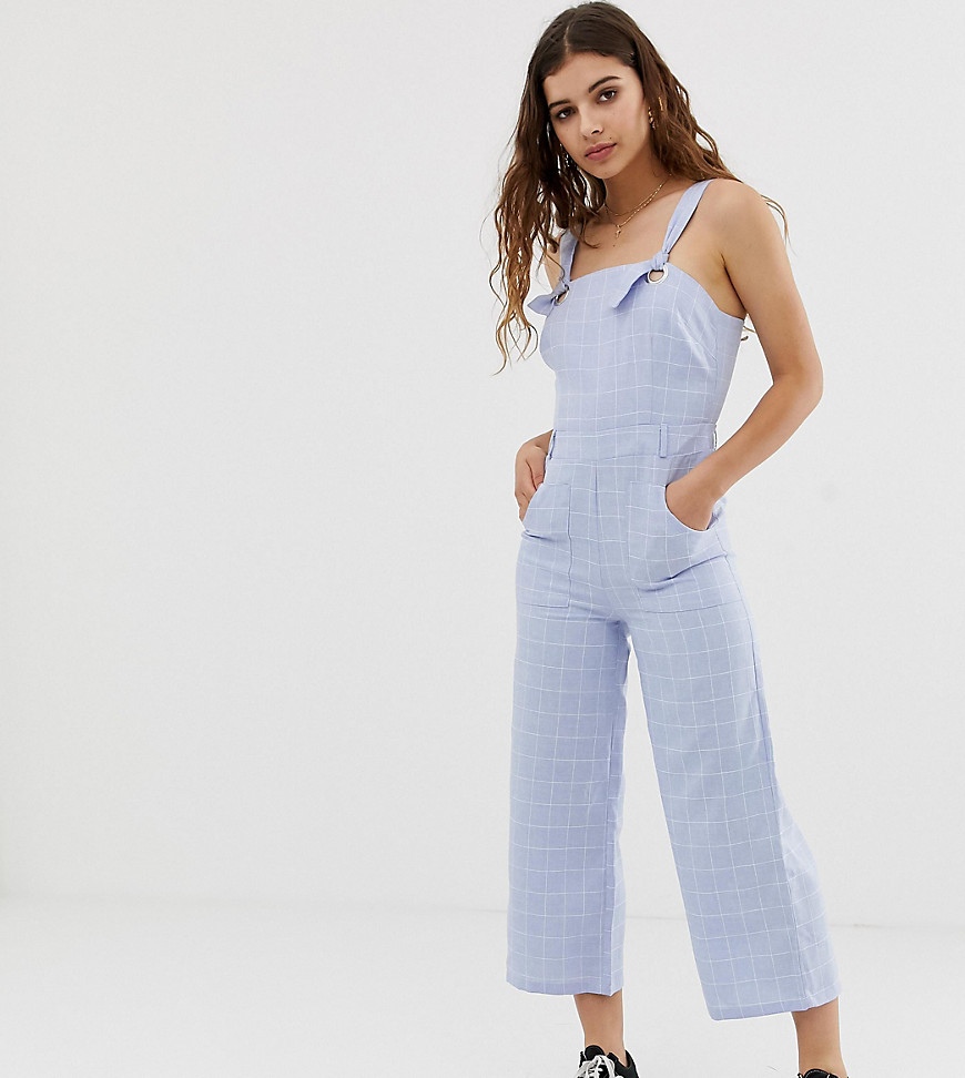 Glamorous tie shoulder jumpsuit in grid check chambray