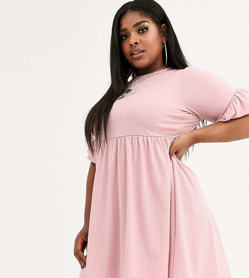 Boohoo Plus exclusive ribbed smock dress in blush