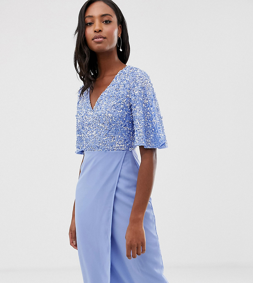 Maya Tall sequin top midi pencil dress with flutter sleeve detail in bluebell