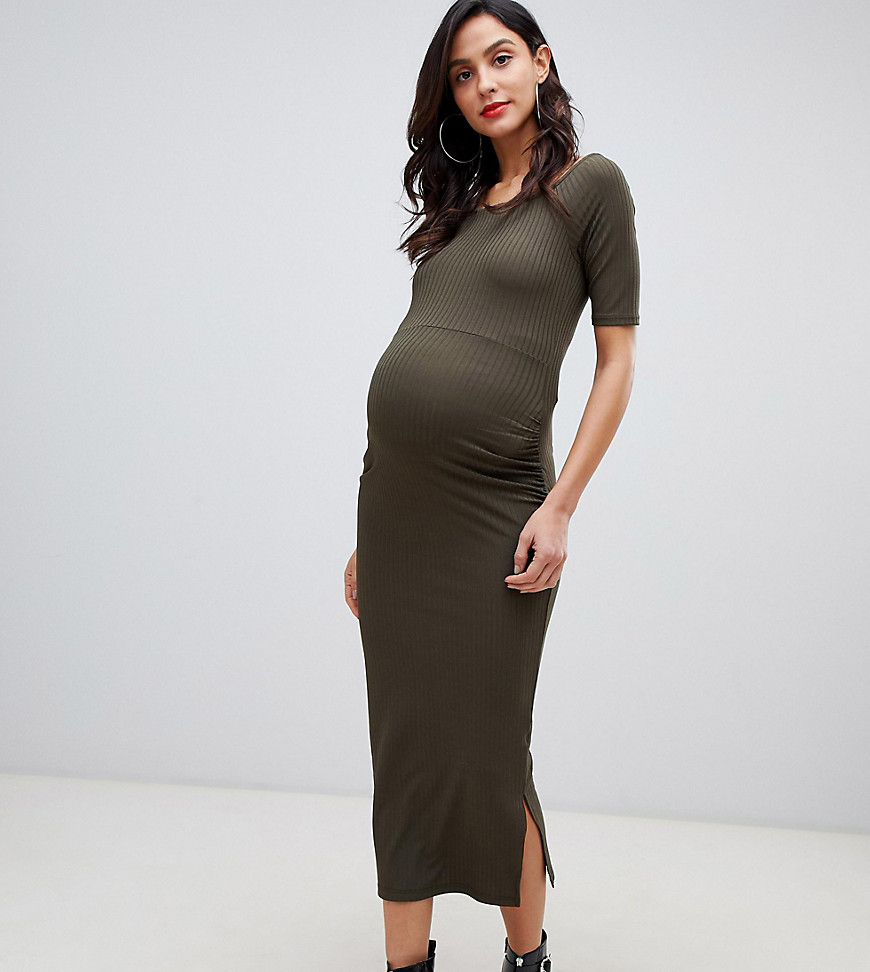 ASOS DESIGN Maternity midi bodycon dress in rib with ruched detail