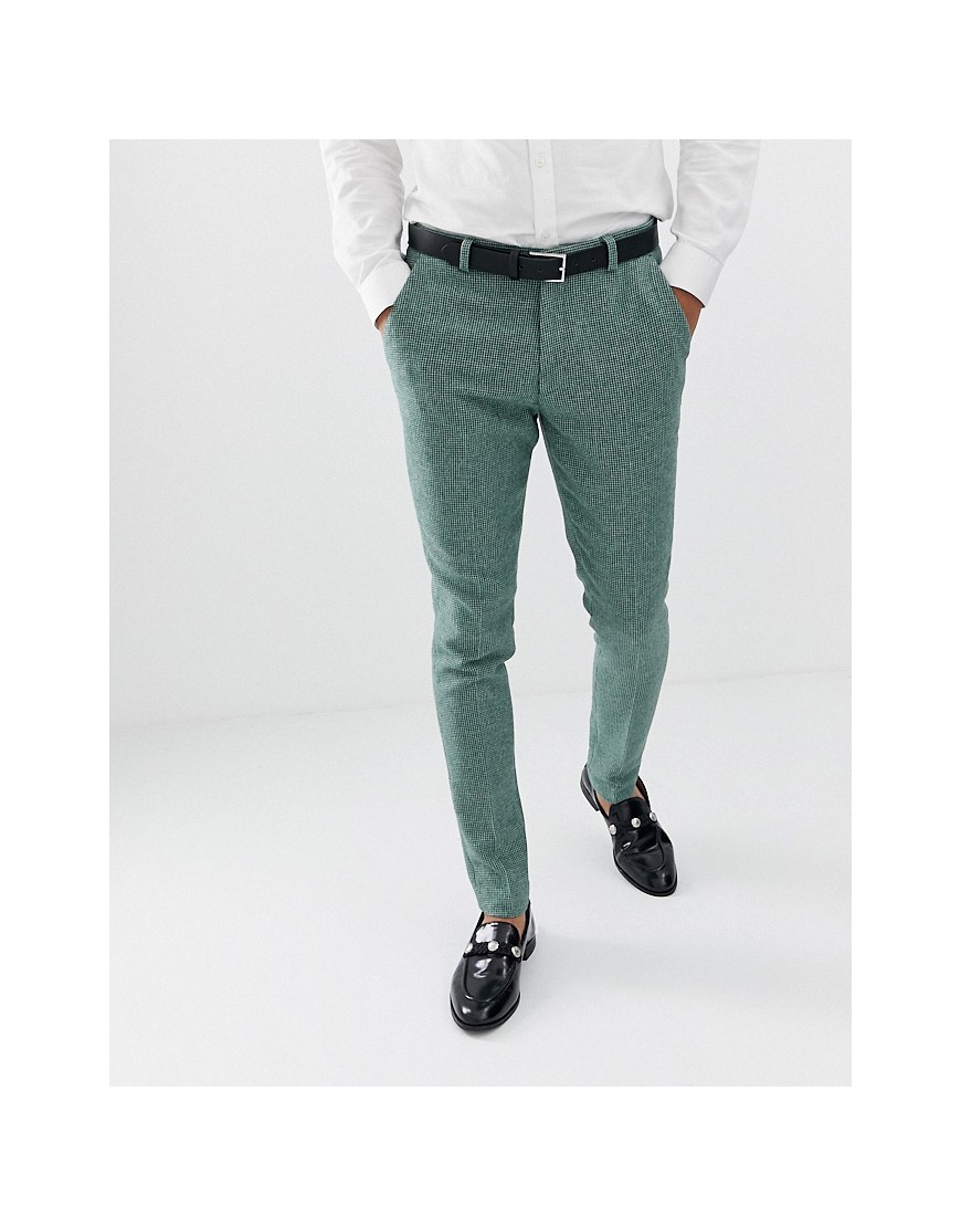 ASOS DESIGN wedding super skinny suit trousers in green wool blend mini check
