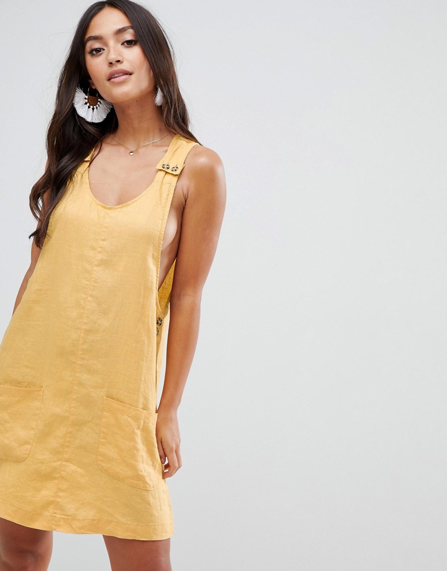 Rhythm Amalfi linen pinafore dress in yellow