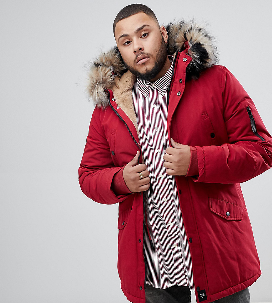 Sixth June parka coat in red with black faux fur hood exclusive to ASOS