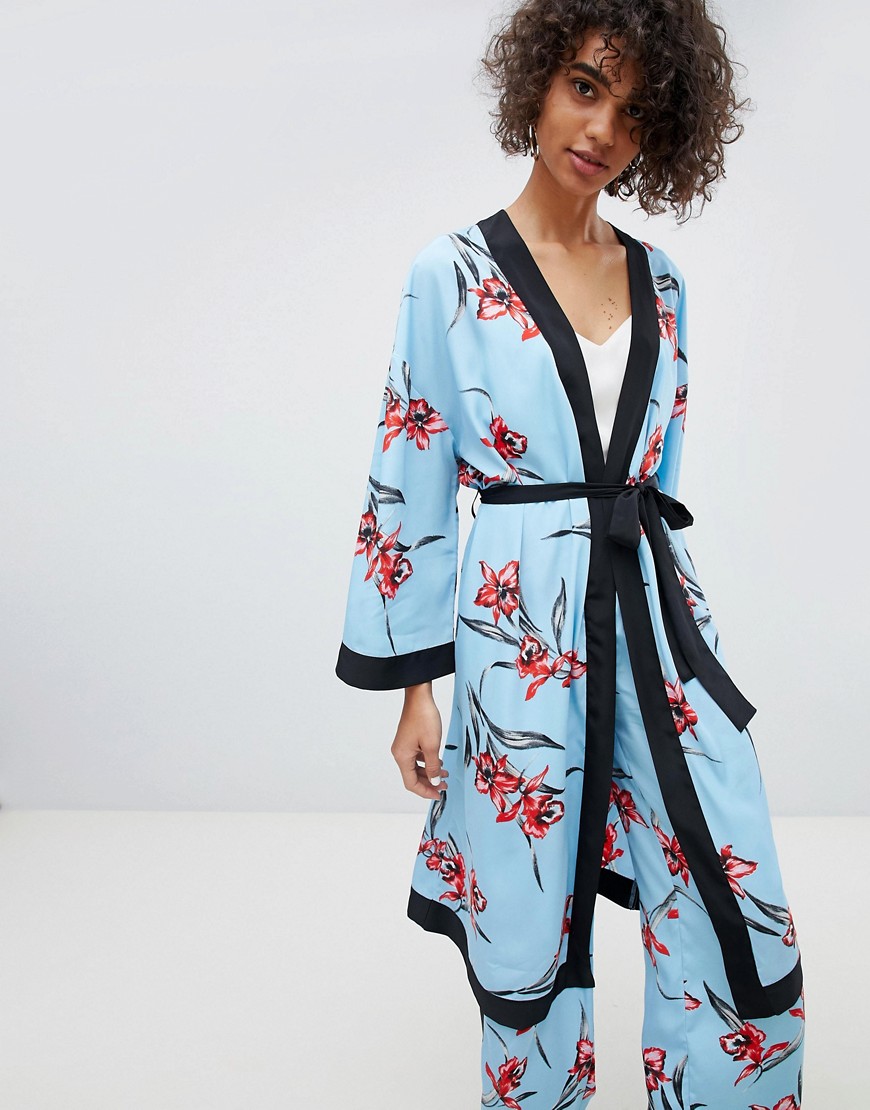 Neon Rose Kimono In Floral Co-Ord - Blue