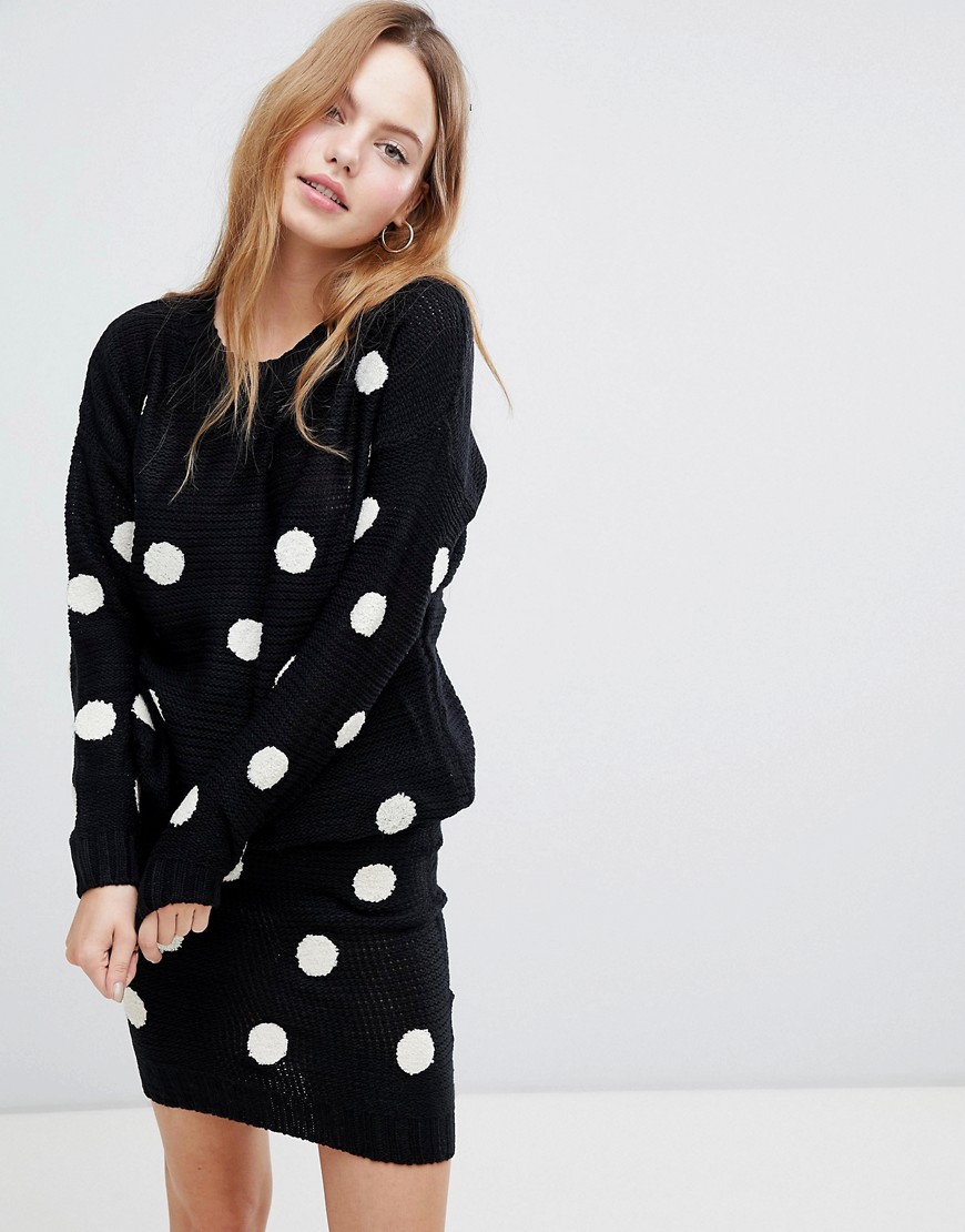 QED London Polka Dot Jumper And Knitted Skirt Co-Ord - Black and cream spot