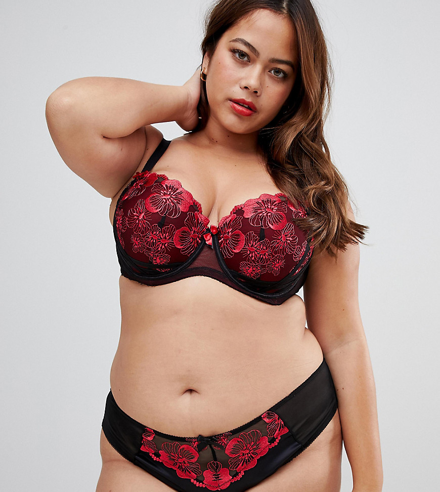 Yours Poppy floral embroidered bra in black and red