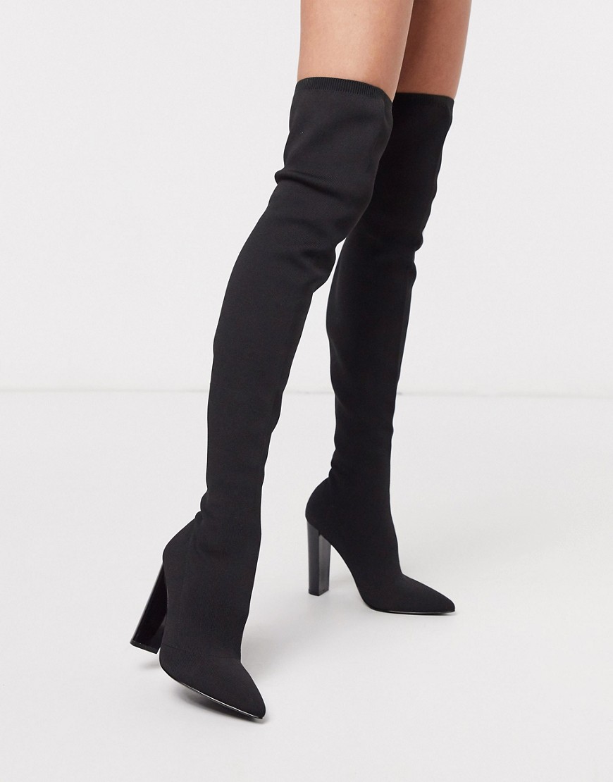 Asos Design Wide Fit Kudos Knitted Block Heel Thigh High Boots In Black