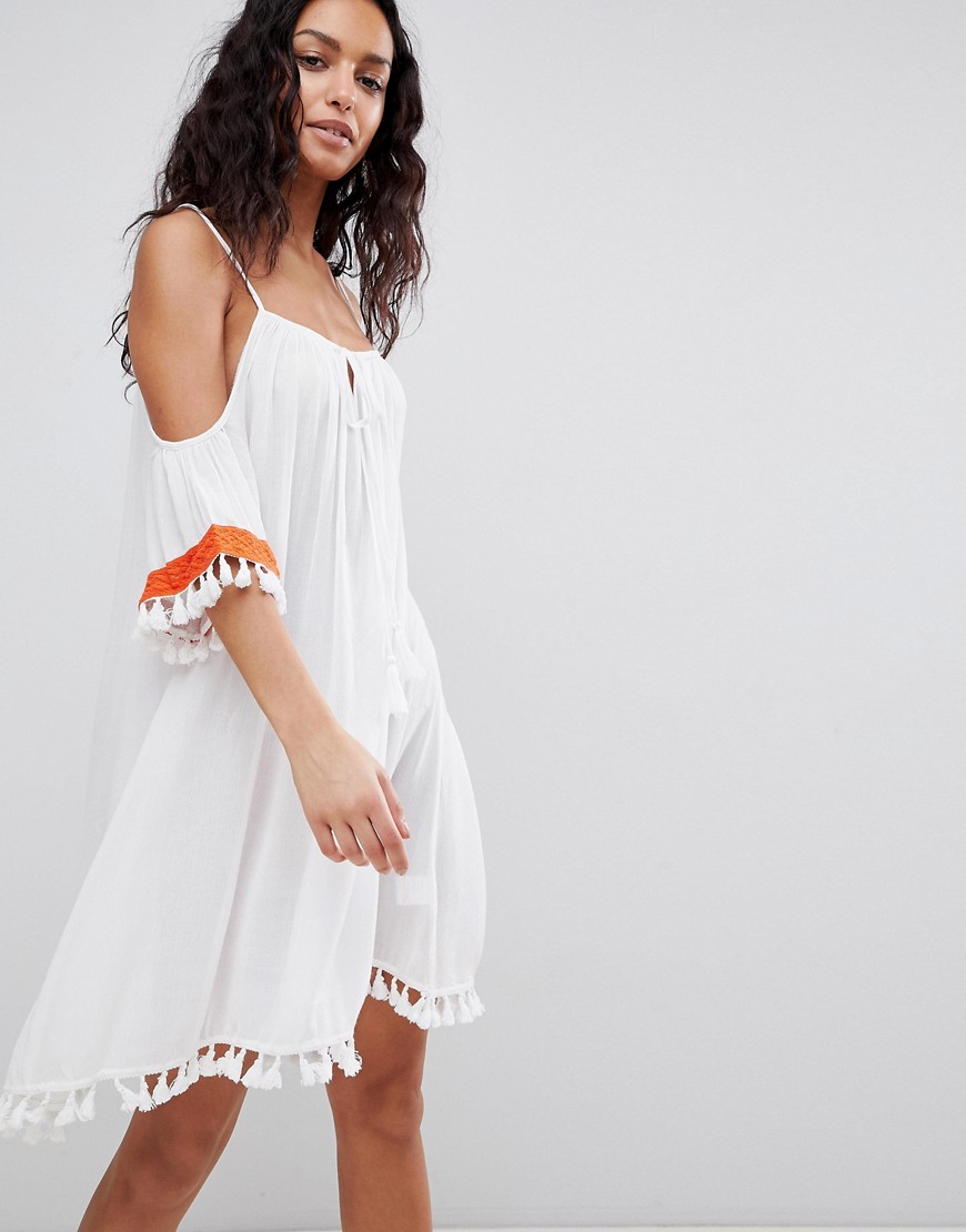 Anmol Cold Shoulder Beach Dress With Embroidered Trim