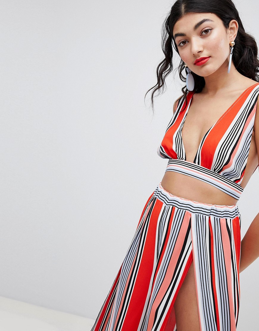 Asos Design Bold Stripe Plunge Two-piece Beach Top With Tie Back-multi