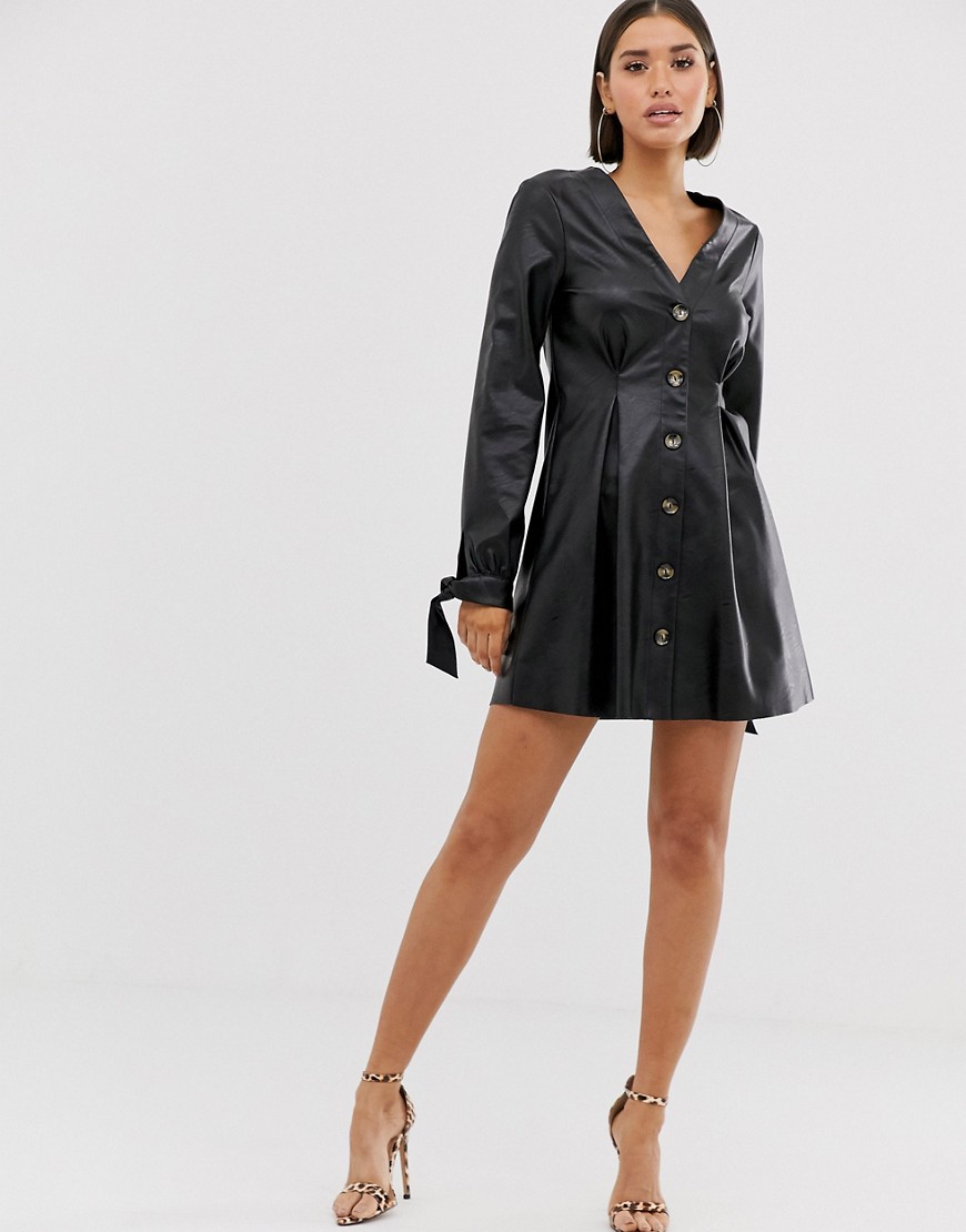 Asos Design Leather Look Button Through Mini Skater Dress With Tie Sleeves-black