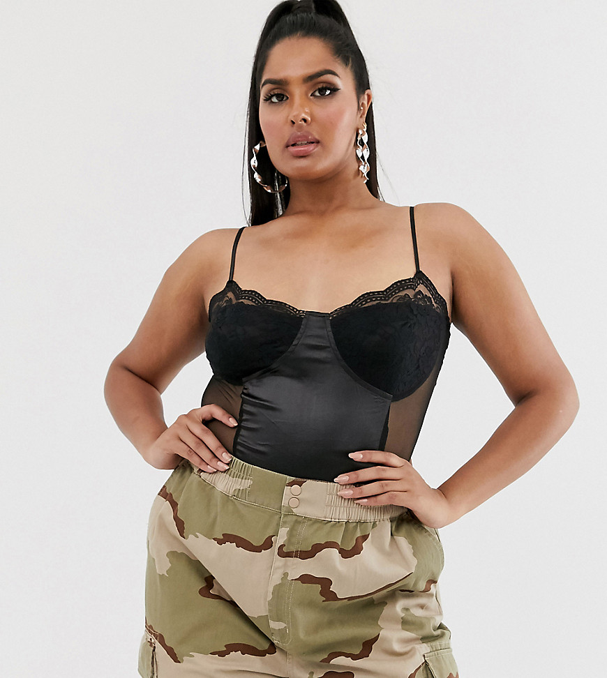PrettyLittleThing Plus cupped satin body in black