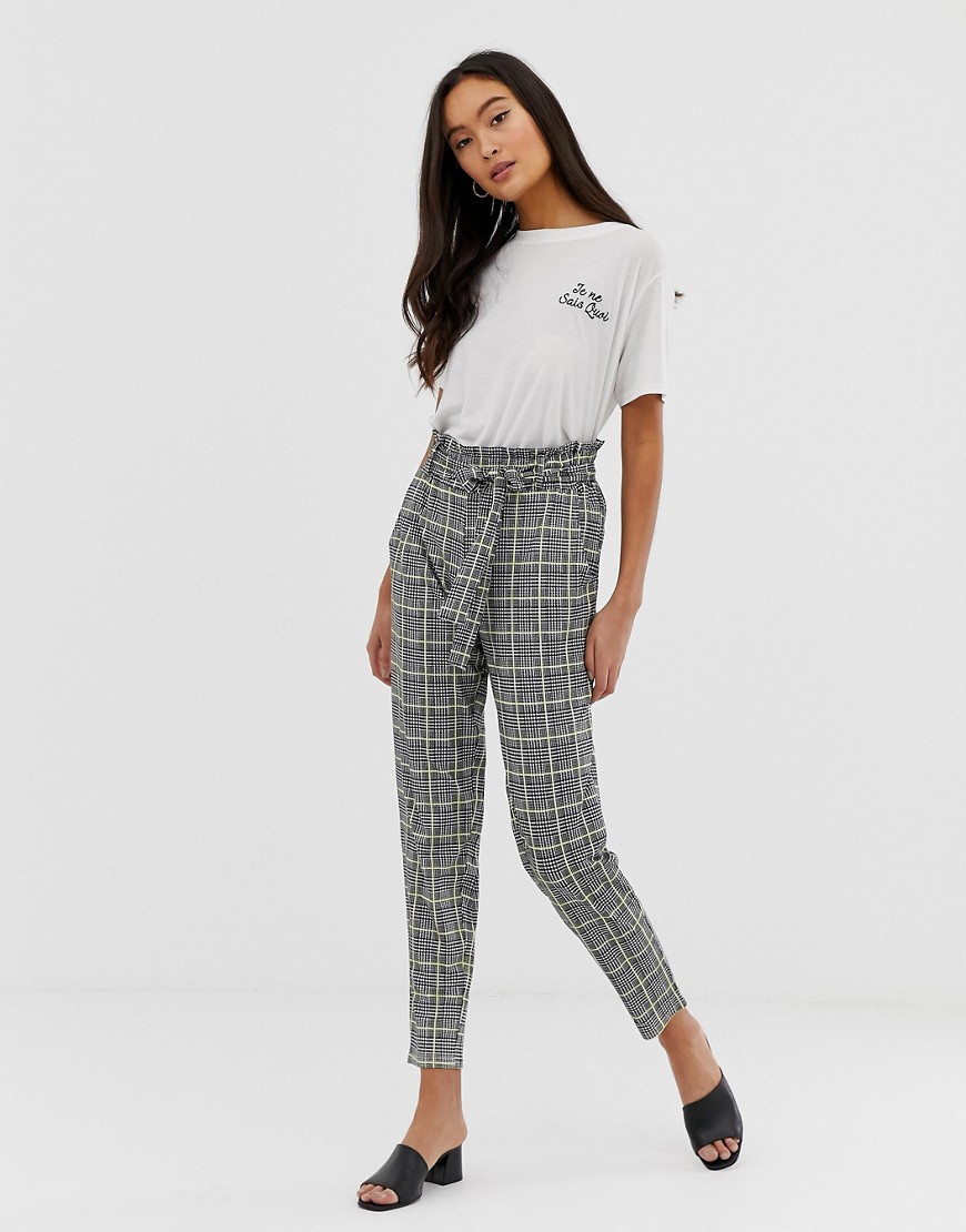 QED London paperbag waist peg trousers in houndstooth with neon yellow check