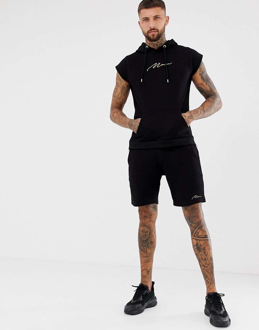 boohooMAN gold embroidered tank short tracksuit in black