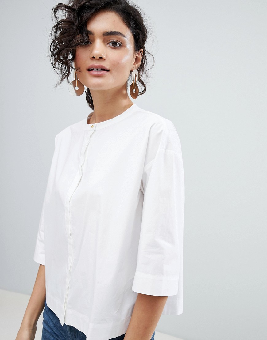 Selected Cropped Shirt With Grandad Collar - White