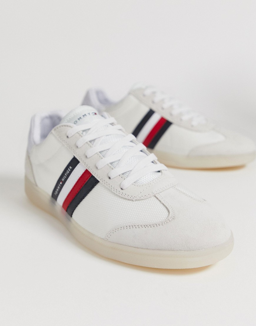 Tommy Hilfiger mixed fabrication trainer with contrast sole and flag in white