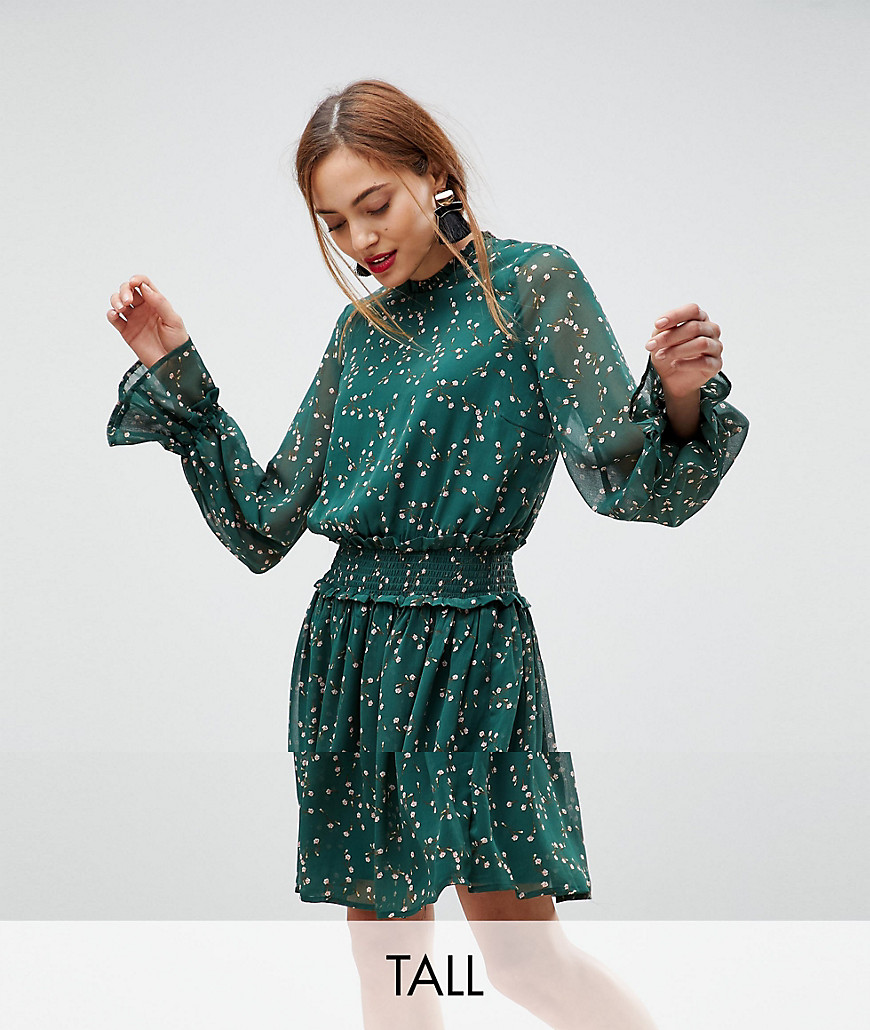 Y.A.S Tall ditsy floral midi skater dress in green