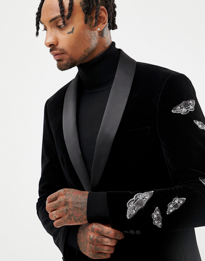 Moss London velvet suit jacket with butterfly embroidery in black