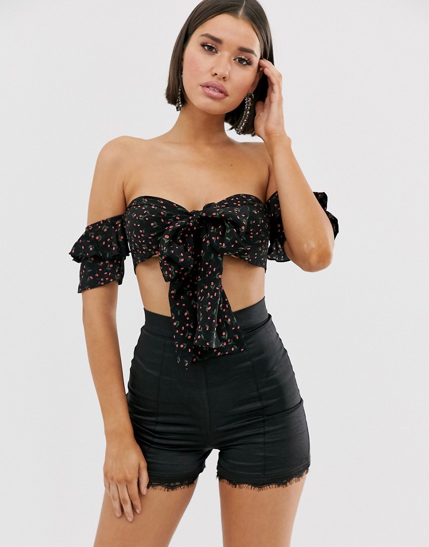 Koco & K frill bra top with tie front in ditsy floral