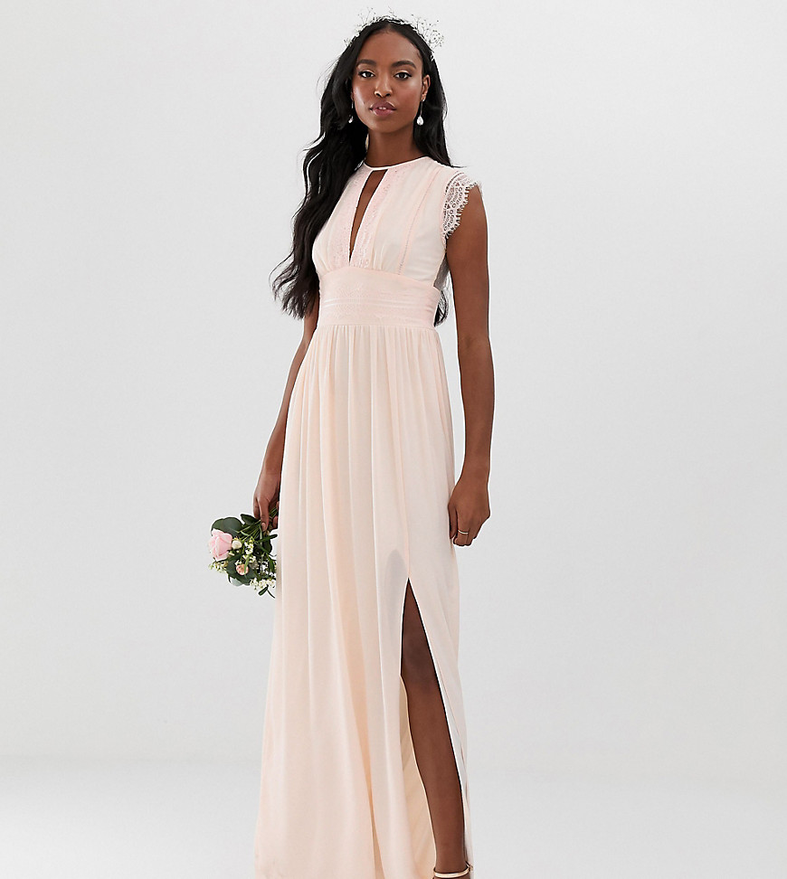 TFNC Tall lace detail maxi bridesmaid dress in pearl pink