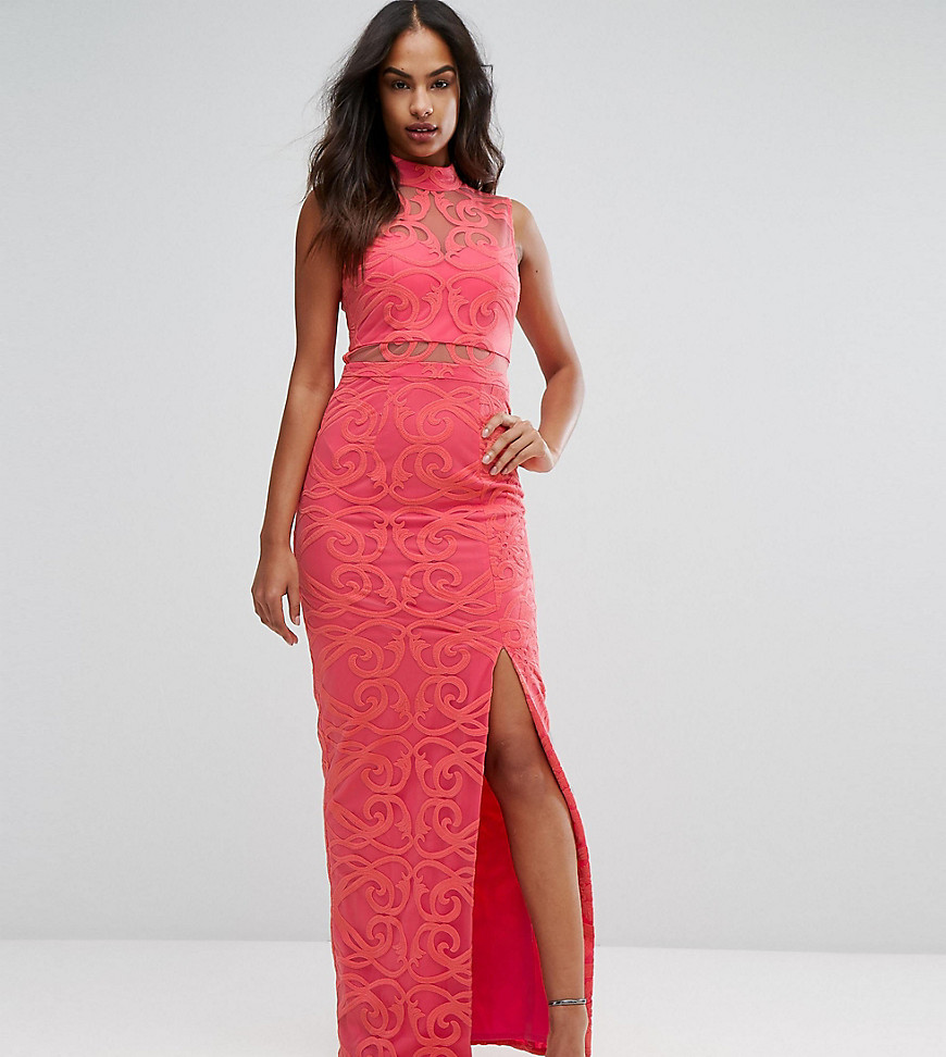 Bariano High Neck Embroidered Lace Maxi Dress - Coral